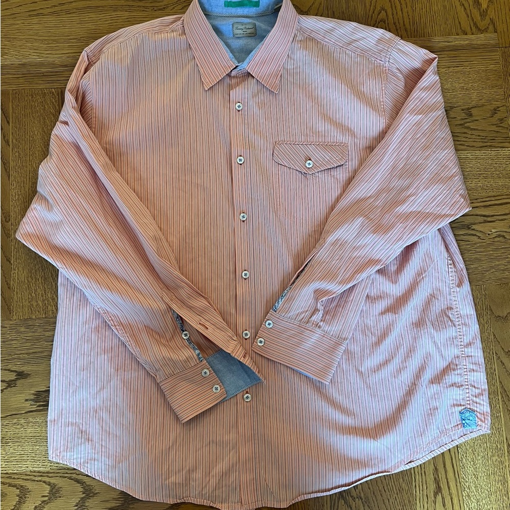 Tommy Bahama Orange Stripe Button Up Long Sleeve XXL Cotton Blue Pocket Beach